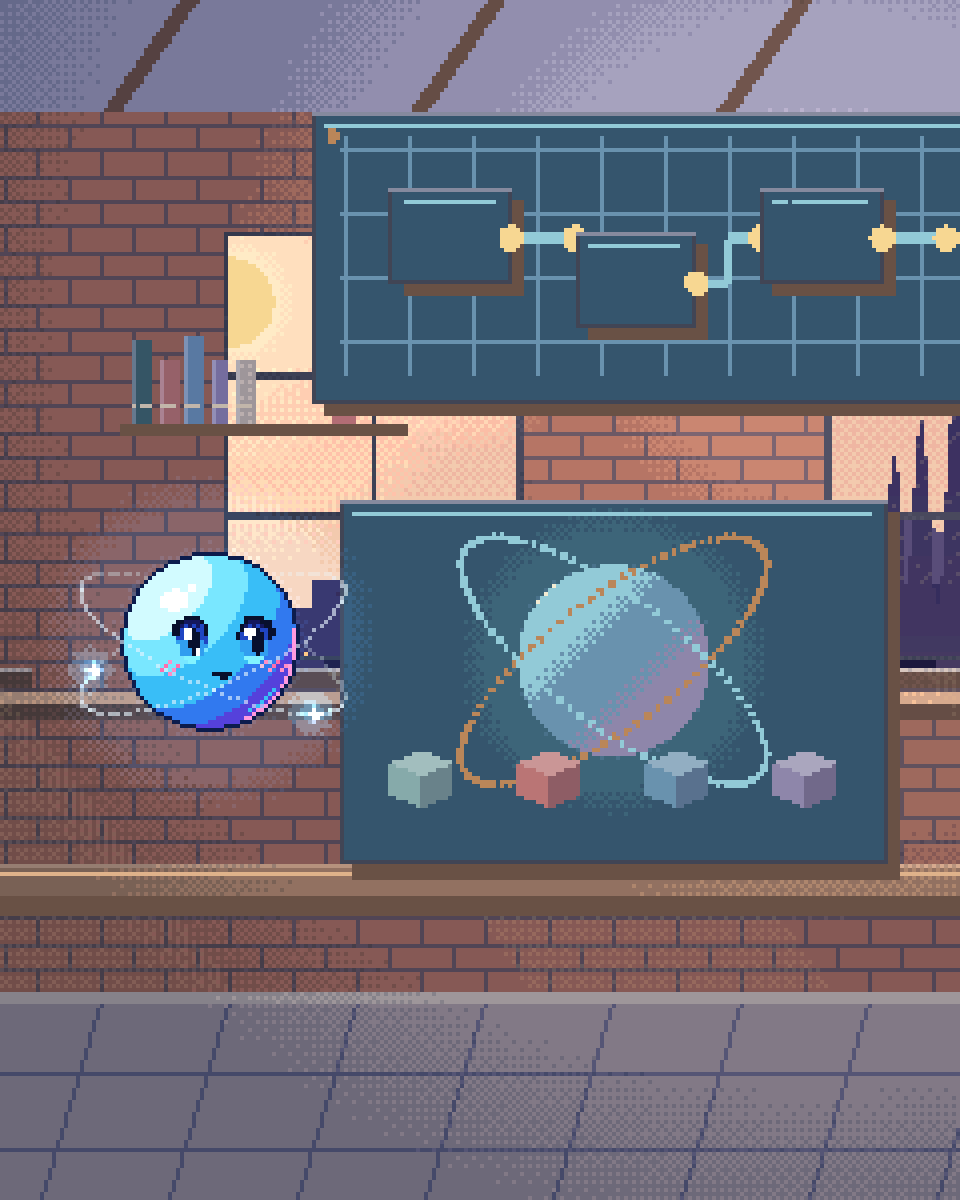 Pixel illustration for BIM Quality Checks: a spatial lattice linking glass nodes and a quantum sphere.