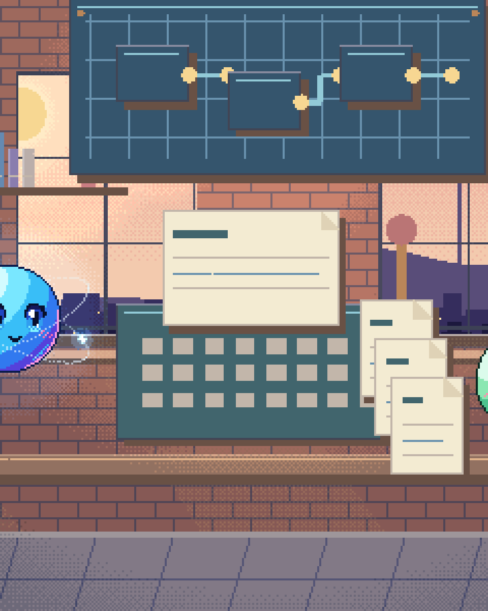 Pixel illustration for Specification Writing: a small printing press producing a family of different page layouts.