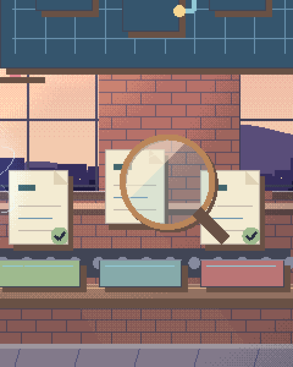 Pixel illustration for Tender & Bid Responses: an archive drawer of evidence cards with source links.