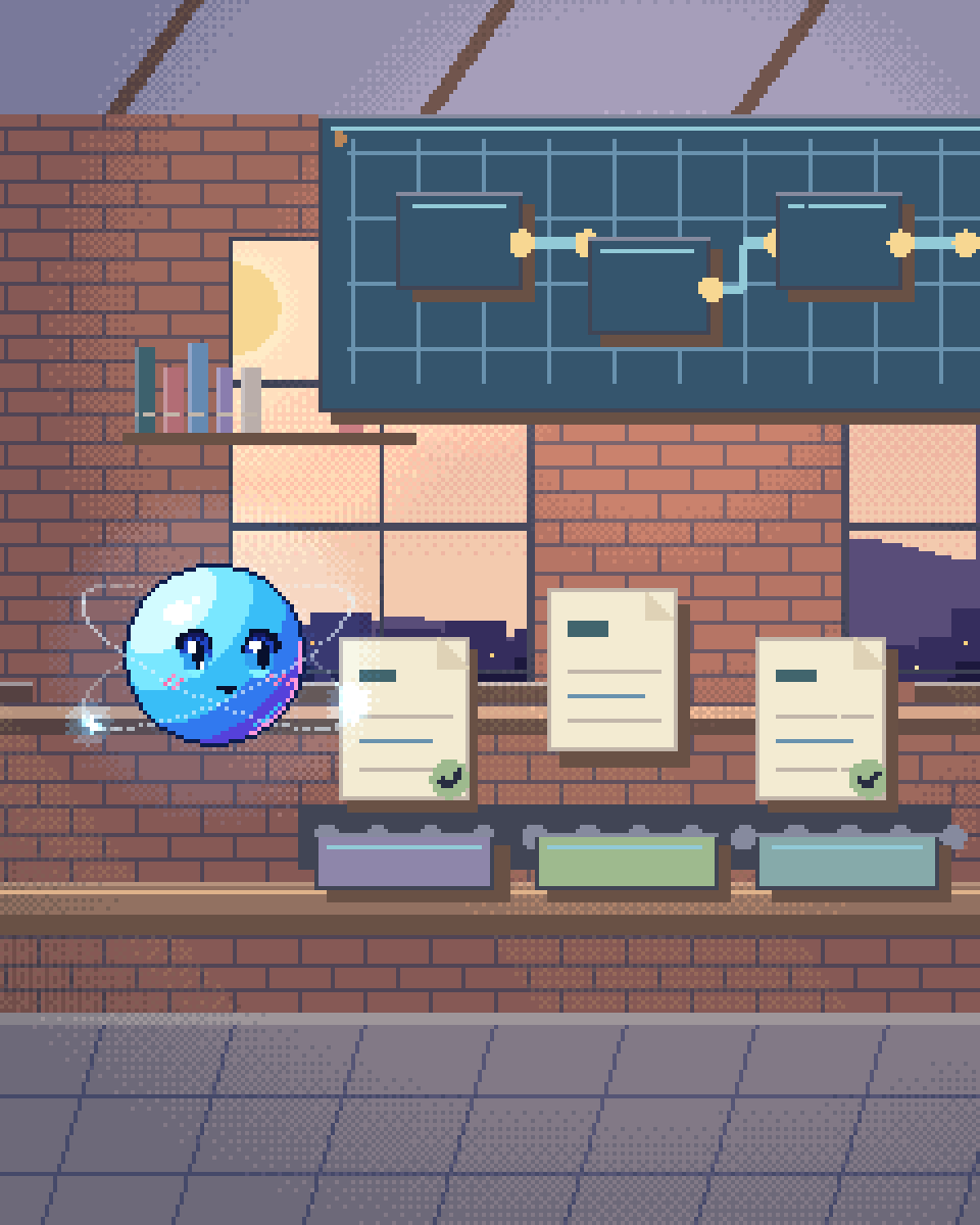 Pixel illustration for Fleet Operations: request cards organised into distinct handling trays.