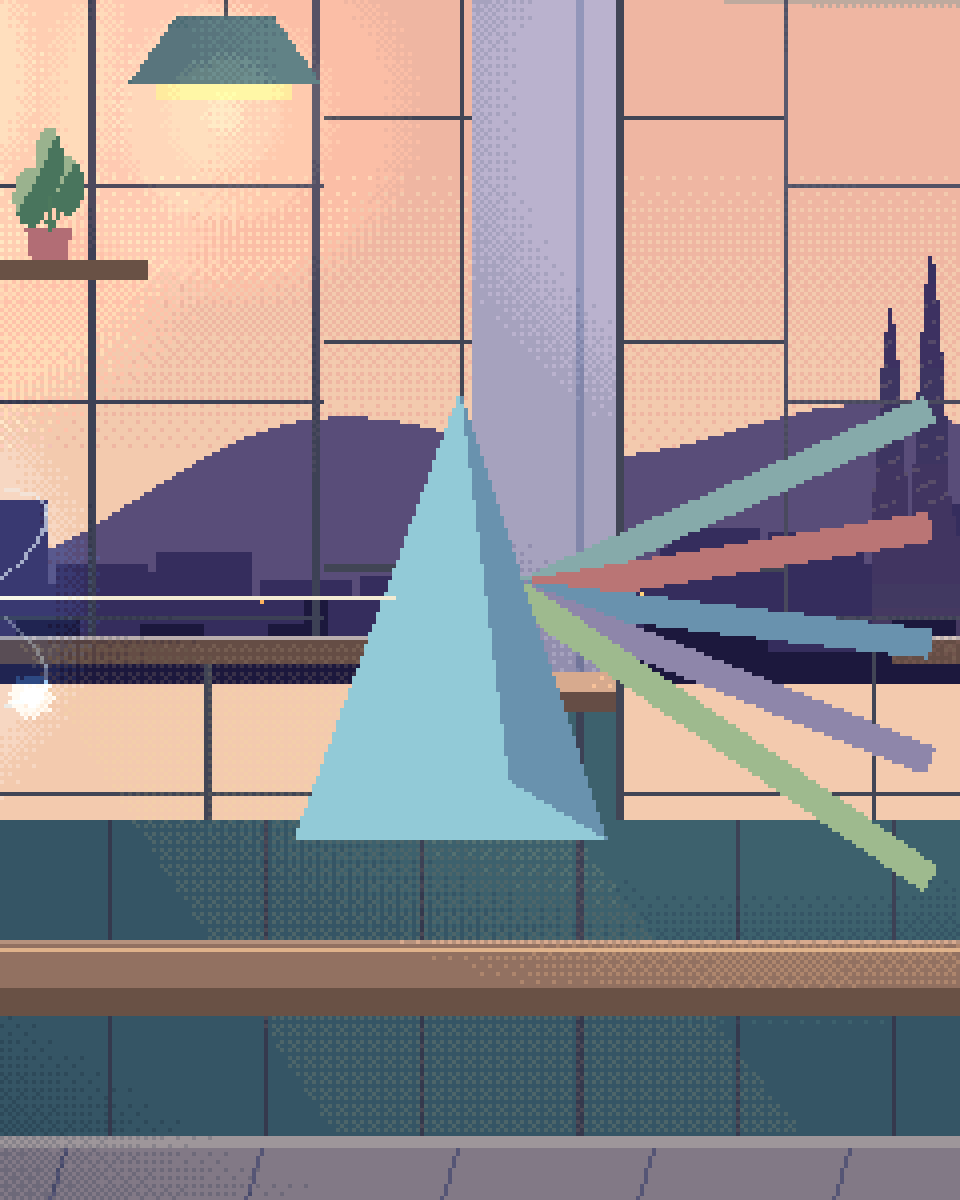 Pixel illustration for Chemicals & Materials: a glass prism casting a palette onto geometric identity tiles.