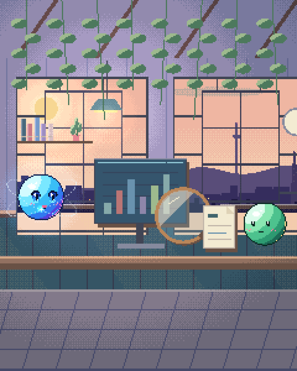Pixel illustration for Formulation Search: a desk of charts inspected with a brass lens.
