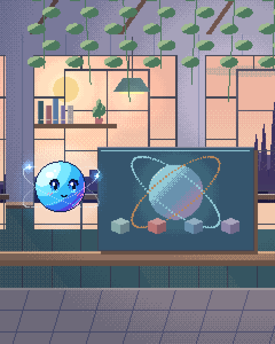 Pixel illustration for Materials Discovery: a spatial lattice linking glass nodes and a quantum sphere.