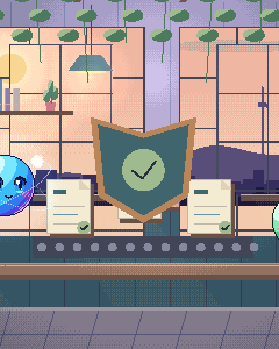 Pixel illustration for REACH & SDS Compliance: a shield guarding a source-linked evidence folder.