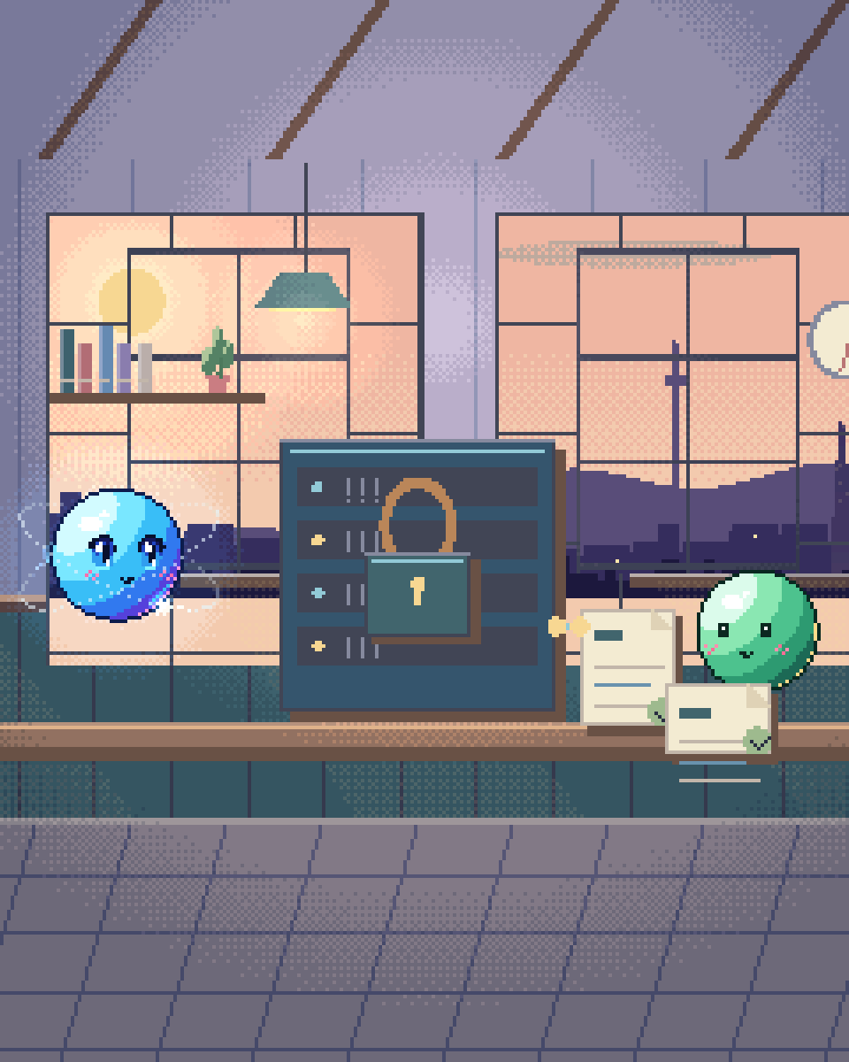 Pixel illustration for CSRD Reporting: an evidence cabinet beside a human review station.