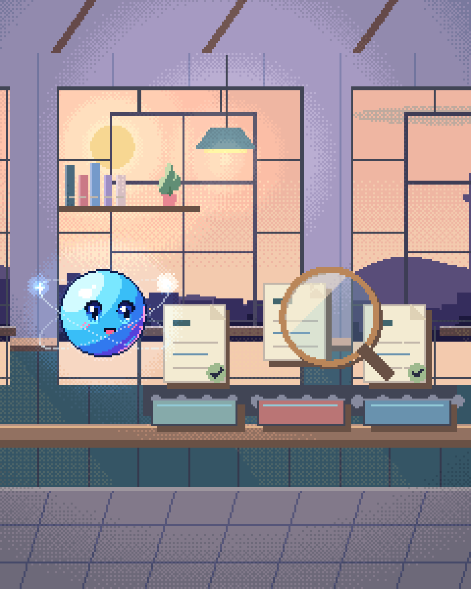 Pixel illustration for ESG Evidence Trails: an archive drawer of evidence cards with source links.
