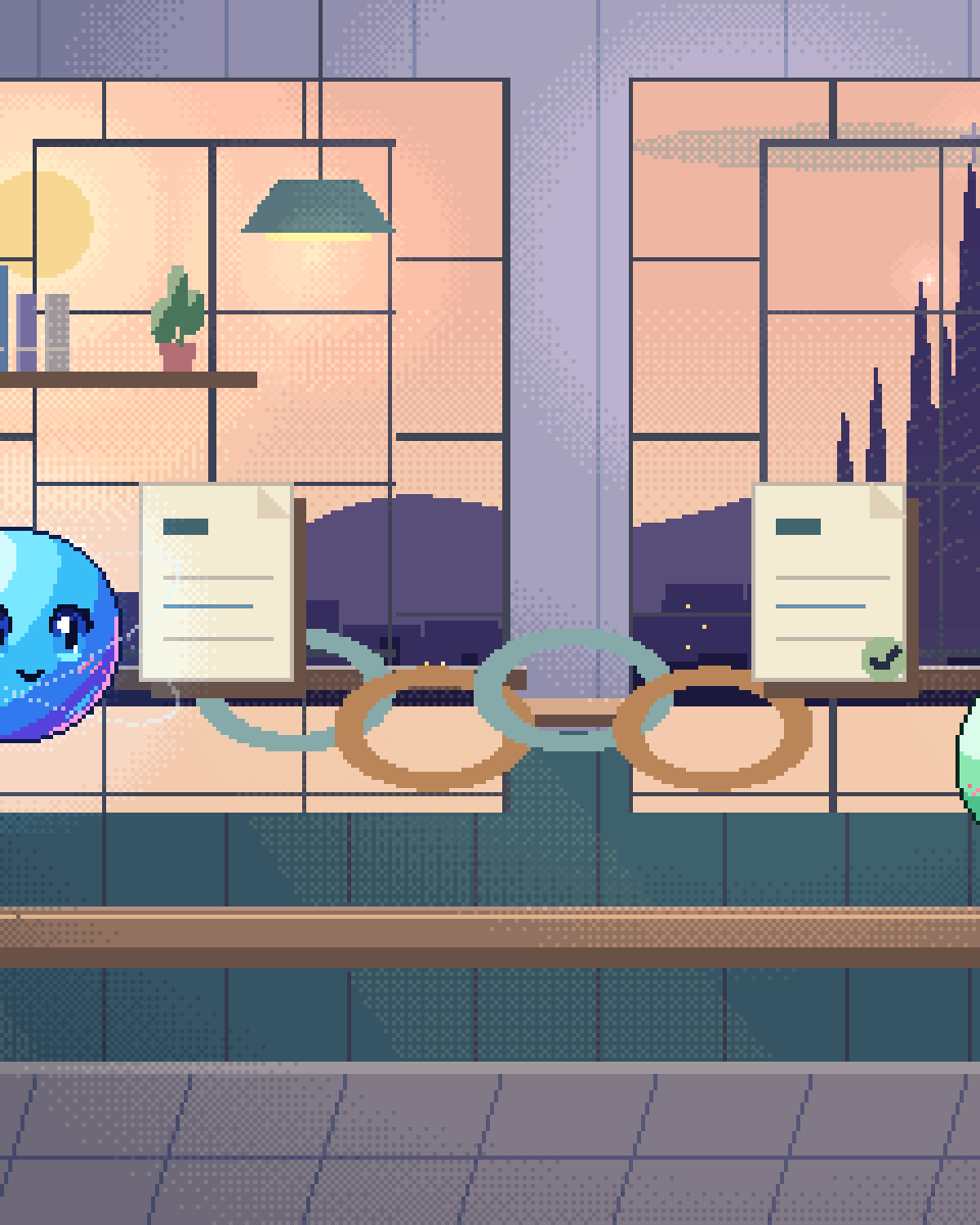 Pixel illustration for Supply-Chain Emissions: an inspectable chain of connected service components.