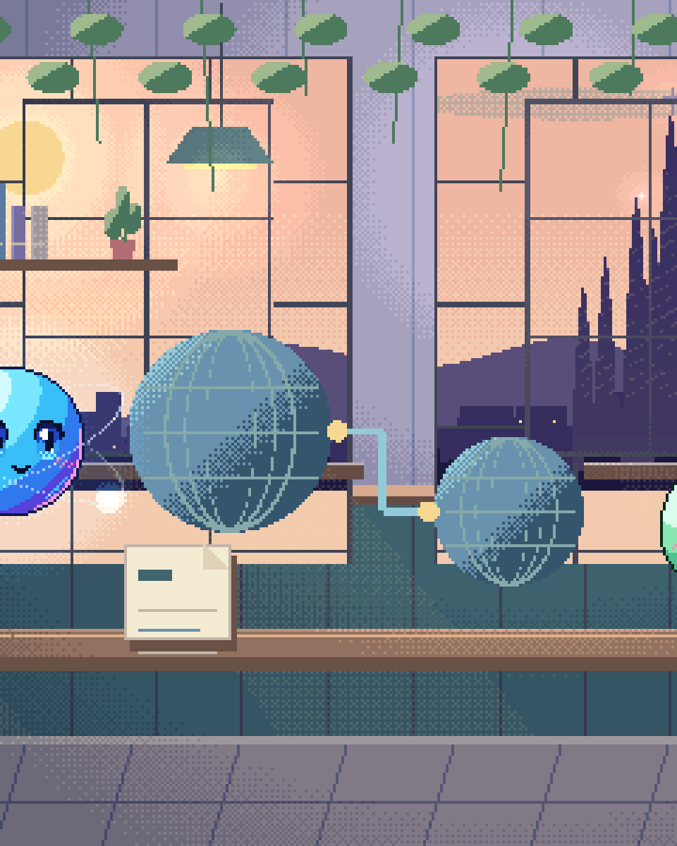 Pixel illustration for Site Feasibility & Selection: linked globes and differently shaped document cards.
