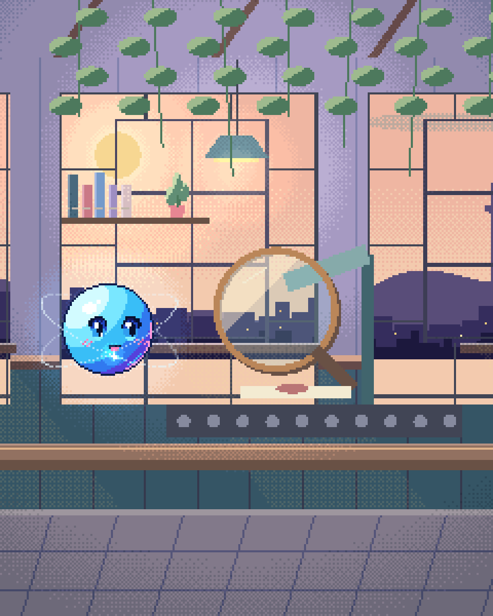 Pixel illustration for Trial Document QC: a lit inspection lens examining one item on a production belt.