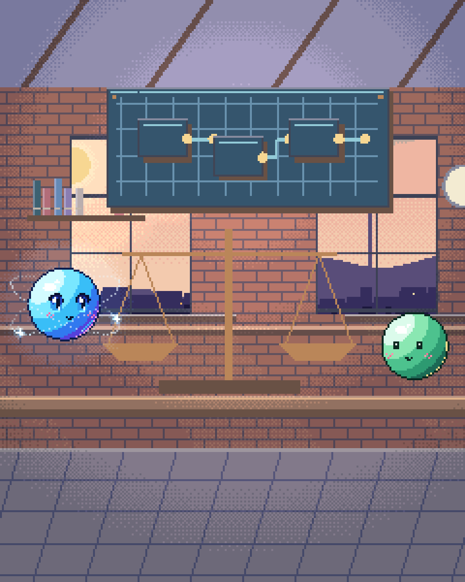 Pixel illustration for Bids & Estimating: a brass balance beside reference books and evidence cards.