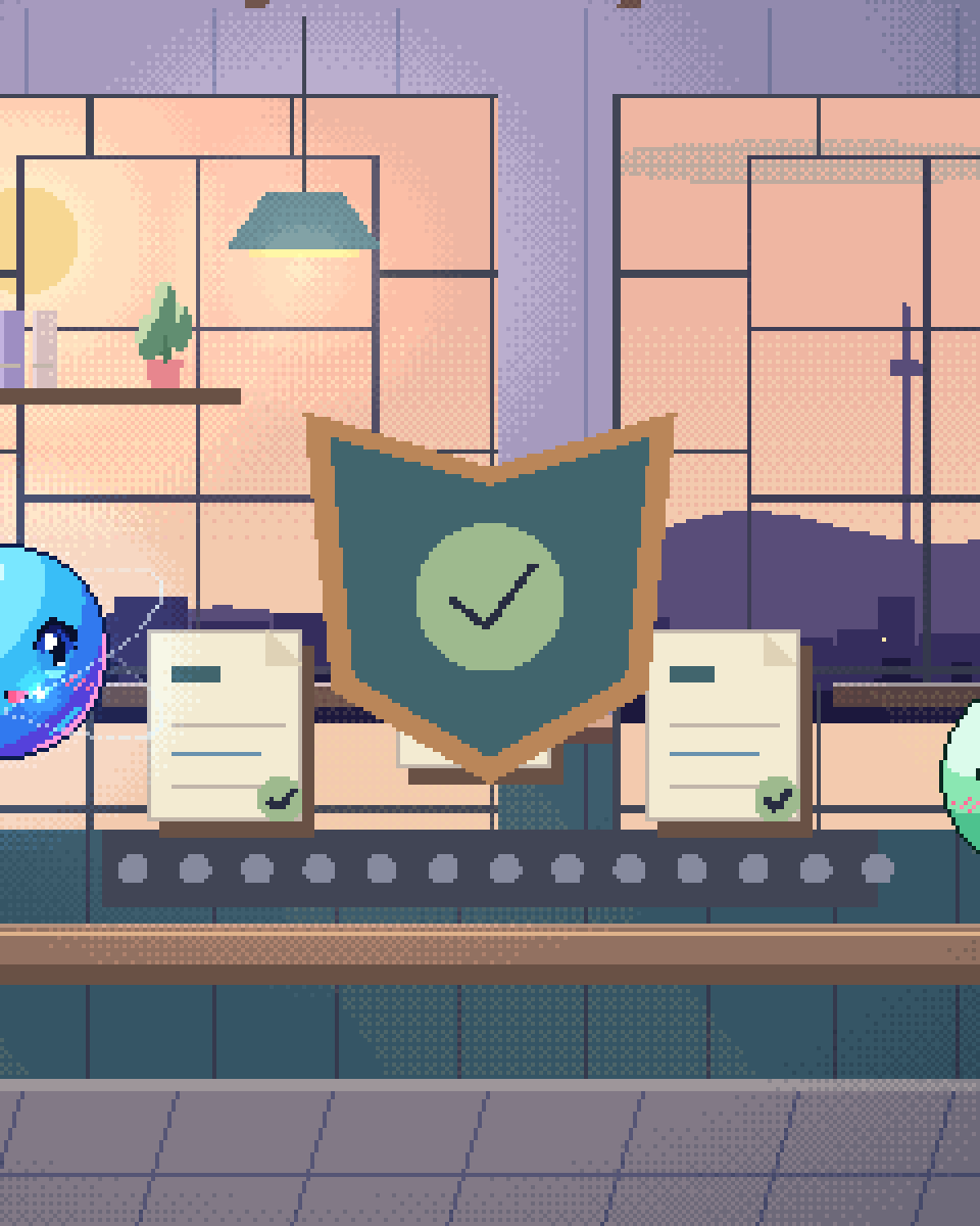 Pixel illustration for Cybersecurity & SOC: a shield guarding a source-linked evidence folder.