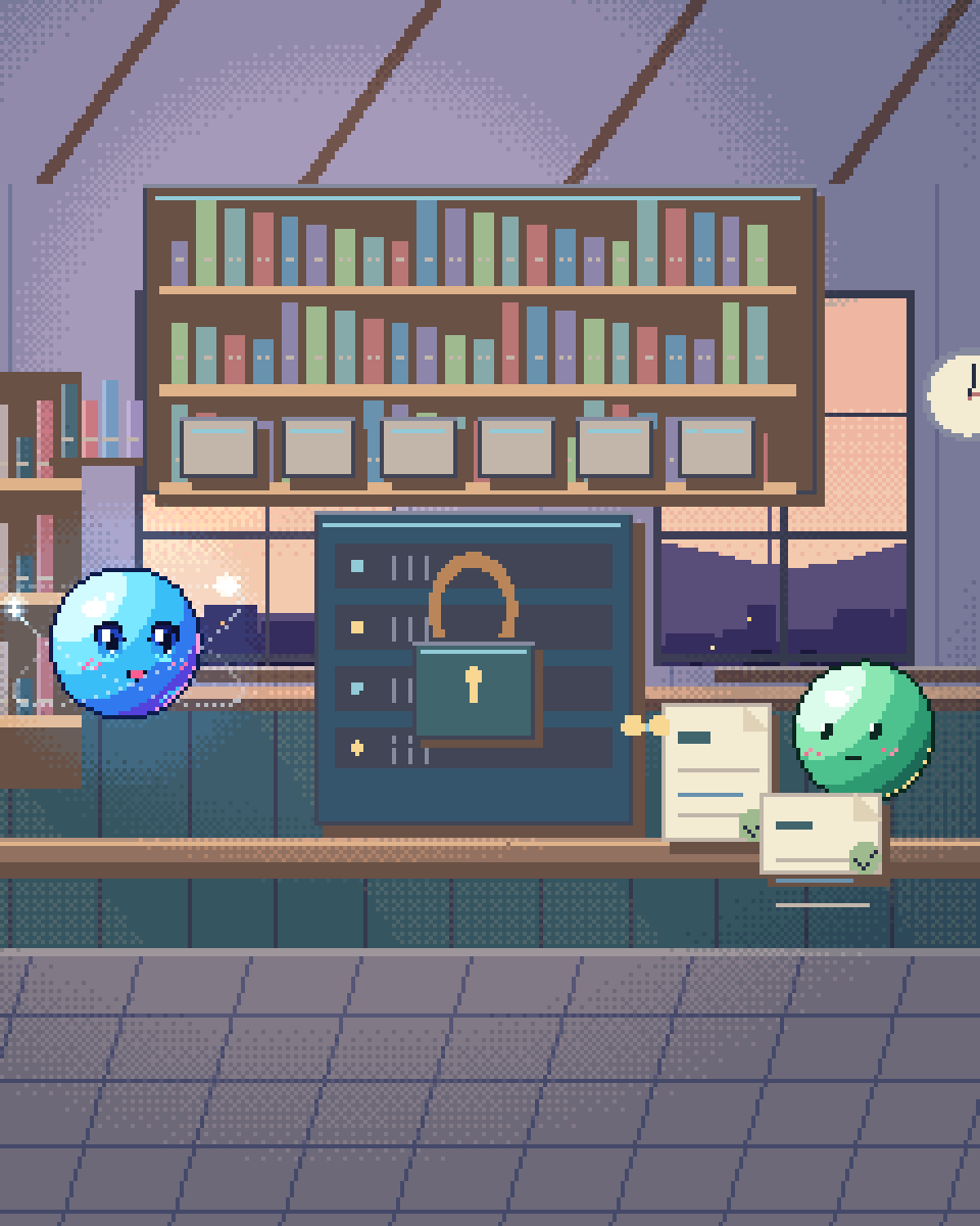 Pixel illustration for NIS2 & DORA Evidence: an evidence cabinet beside a human review station.