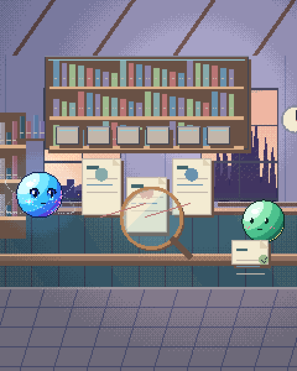 Pixel illustration for Threat Intelligence Summaries: a magnifying lens over linked evidence cards with one item held for review.