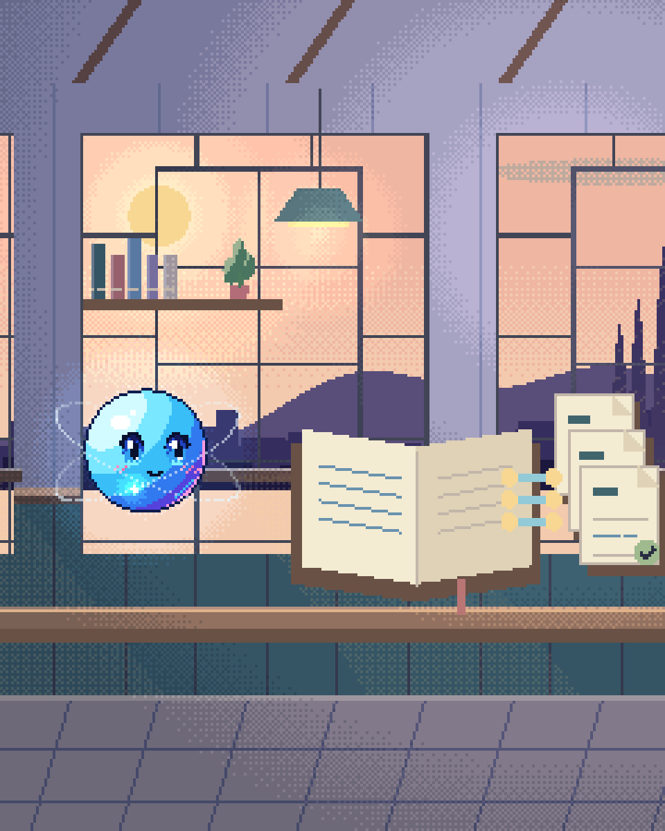 Pixel illustration for Billing & Insurance Admin: a ledger linked to source slips and checked records.