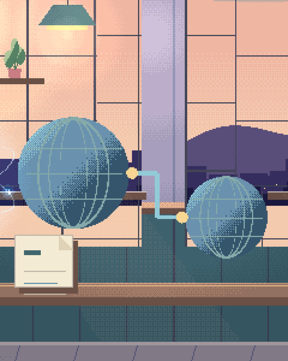 Pixel illustration for Space & Earth Observation: linked globes and differently shaped document cards.
