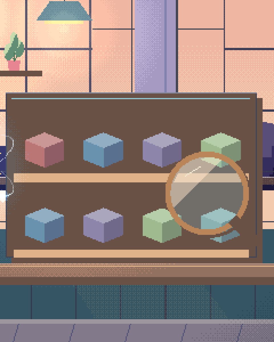 Pixel illustration for E-Commerce & Retail: a product shelf with a search lens and organised catalogue cards.