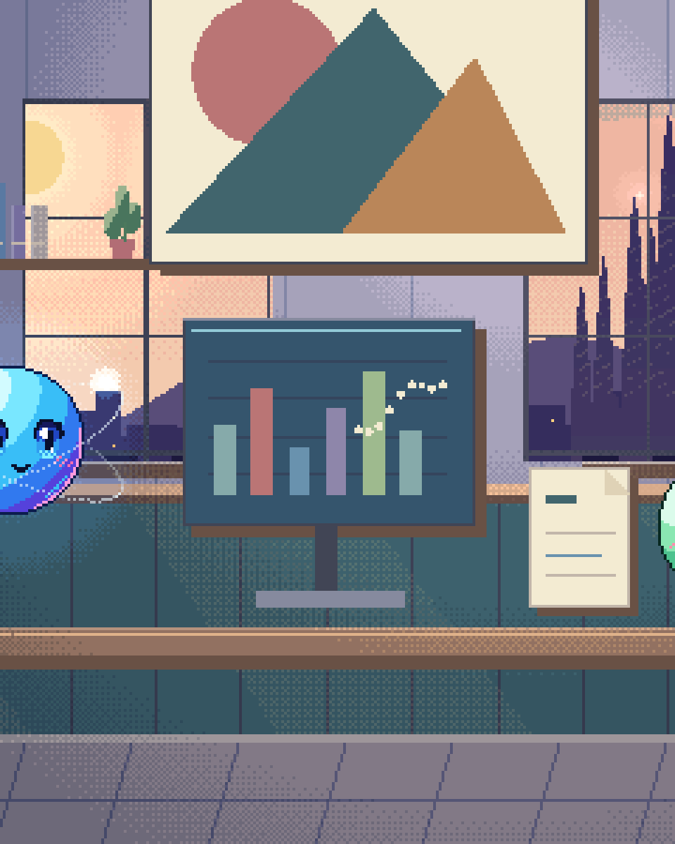 Pixel illustration for Demand Forecasting: a glass forecasting instrument with a dotted future path.