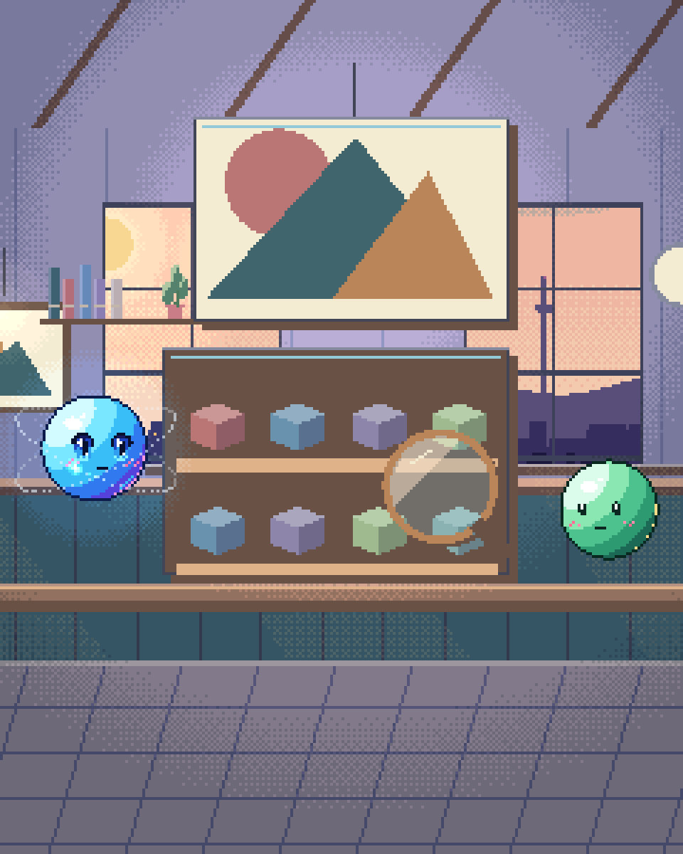 Pixel illustration for Merchandising & Site Search: a product shelf with a search lens and organised catalogue cards.