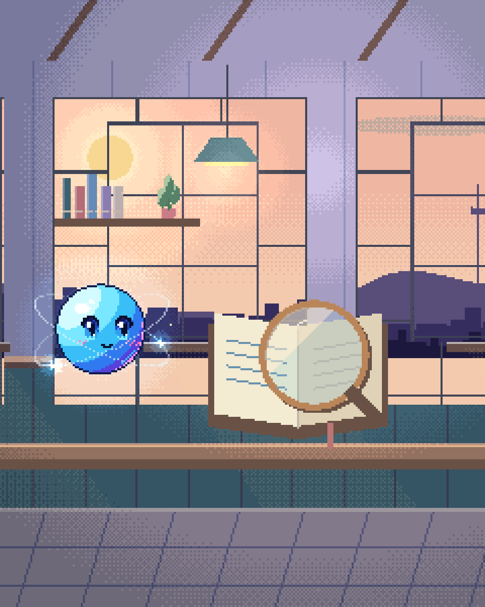 Pixel illustration for Education & EdTech: an open reference book under a warm reading lamp.
