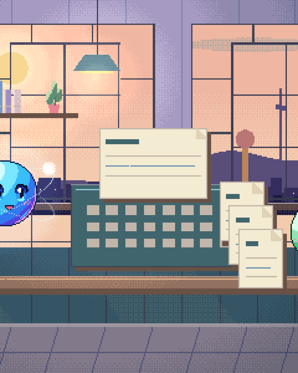 Pixel illustration for Course Authoring: a small printing press producing a family of different page layouts.
