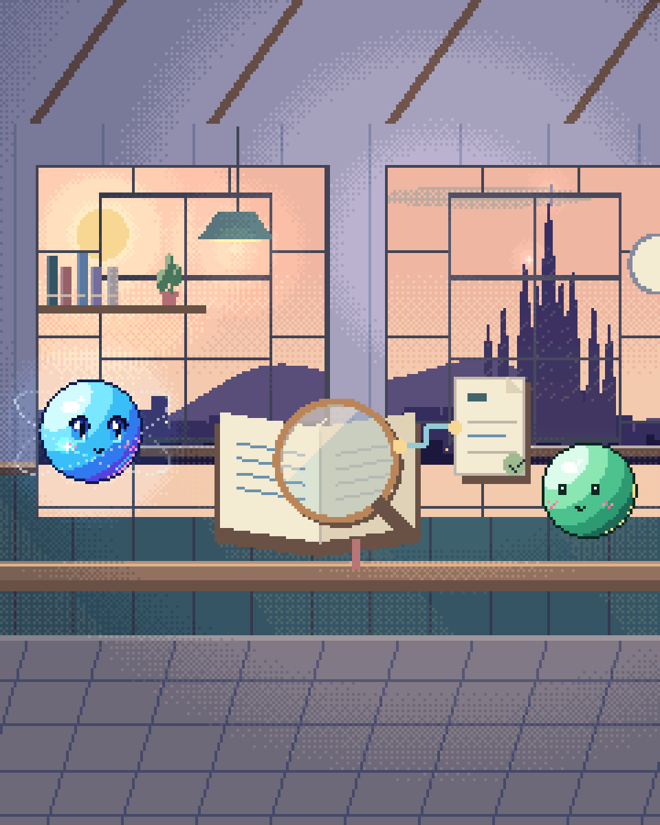 Pixel illustration for Tutoring Agents: an open source book connected to a magnifying lens and an answer card.