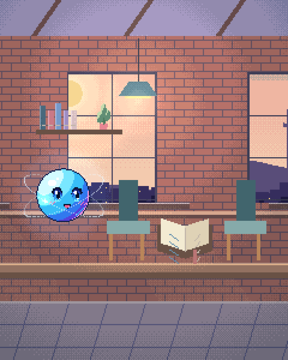 Pixel illustration for Utility Customer Operations: two conversation chairs beside an open notebook and a telephone.