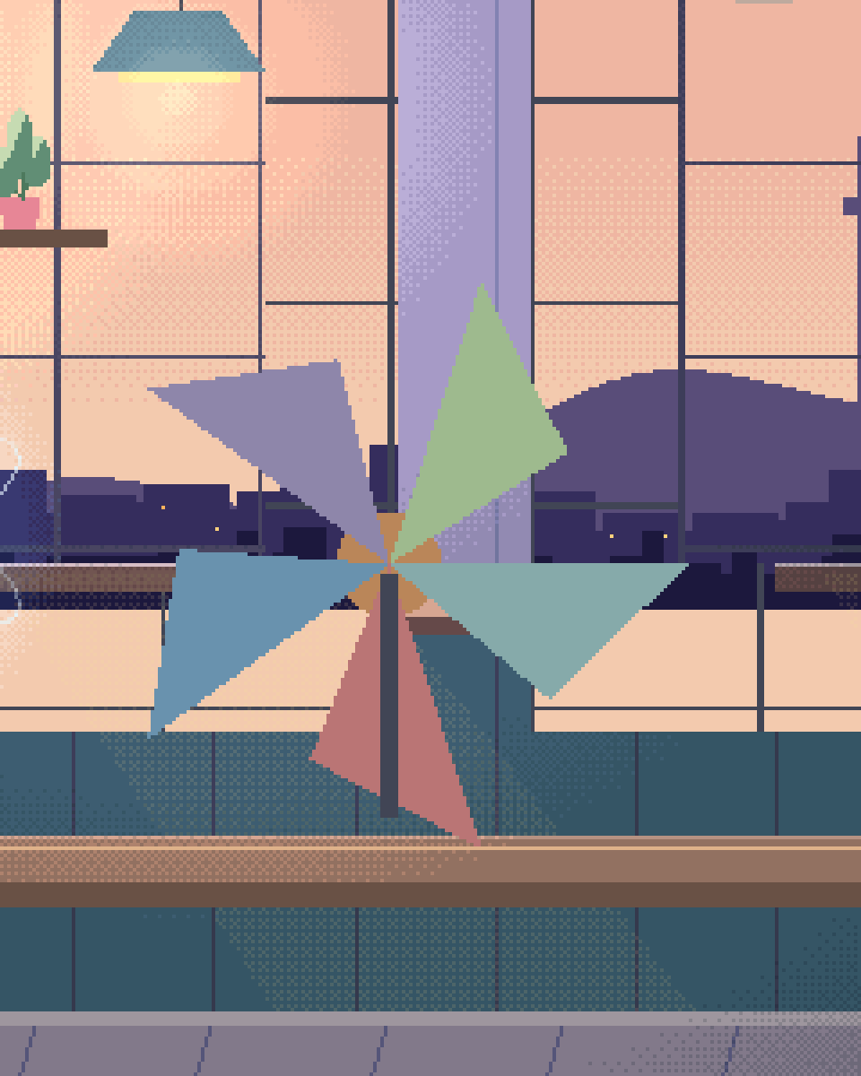 Pixel illustration for Energy & Utilities: an open mechanical wind instrument turning glass model components.