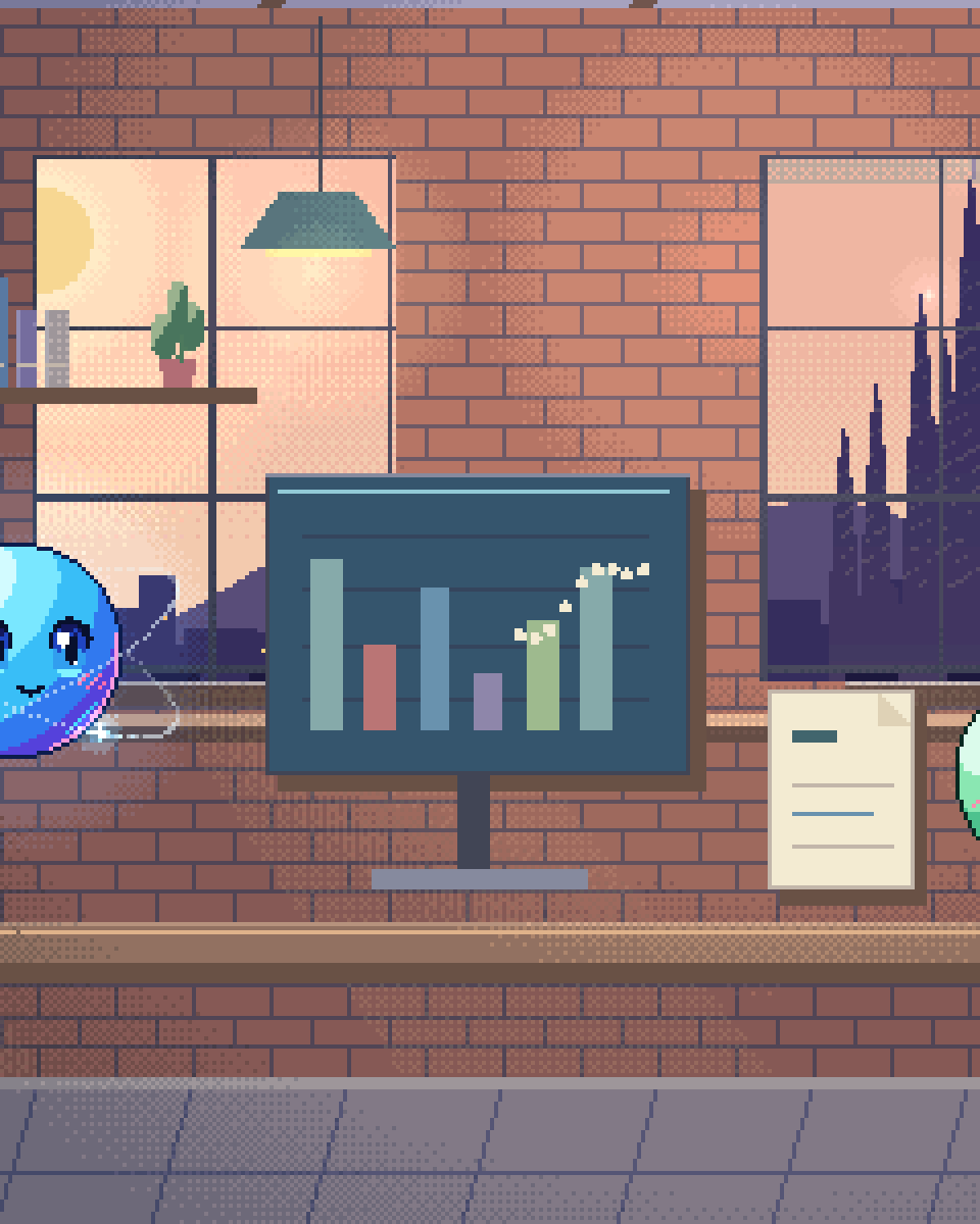 Pixel illustration for Load & Generation Forecasting: a glass forecasting instrument with a dotted future path.