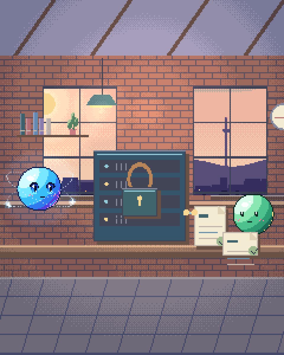 Pixel illustration for Renewables Permitting: an evidence cabinet beside a human review station.