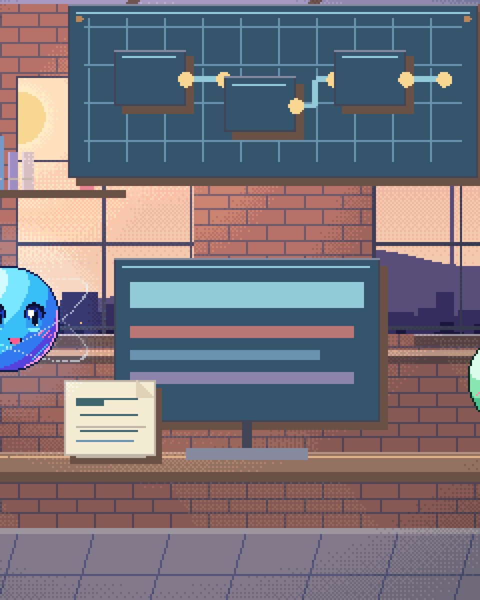 Pixel illustration for Tech Packs: an architectural drawing beside a small working screen.