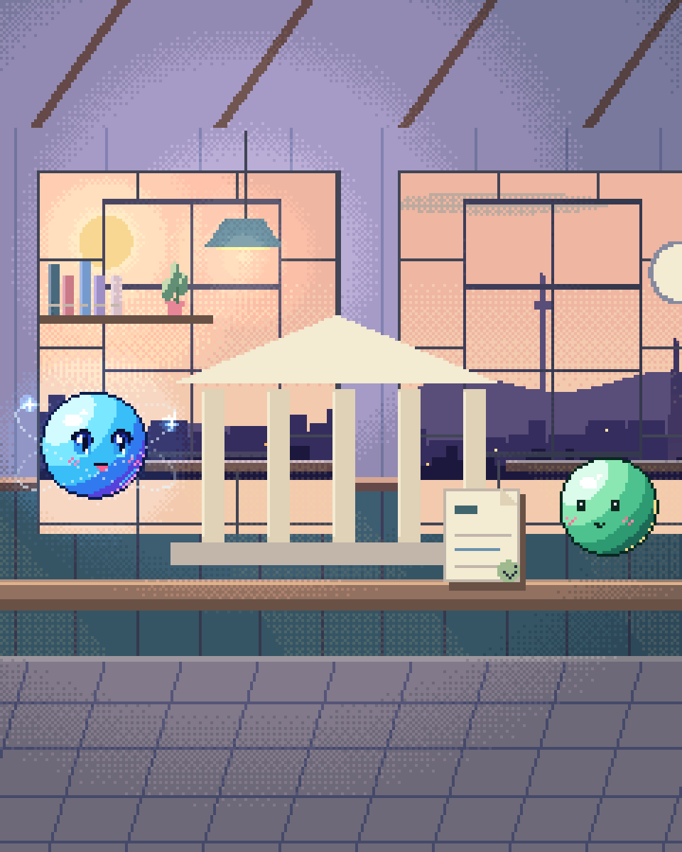 Pixel illustration for Financial Services: a miniature bank with source records and a human review desk.