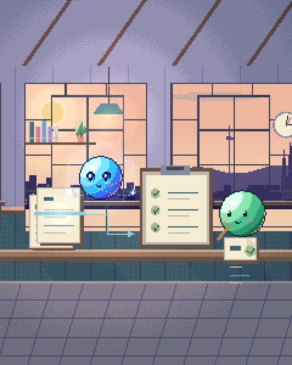 Pixel illustration for Credit Decisioning: source documents feeding checked inputs beside a scorecard and a human reviewer.