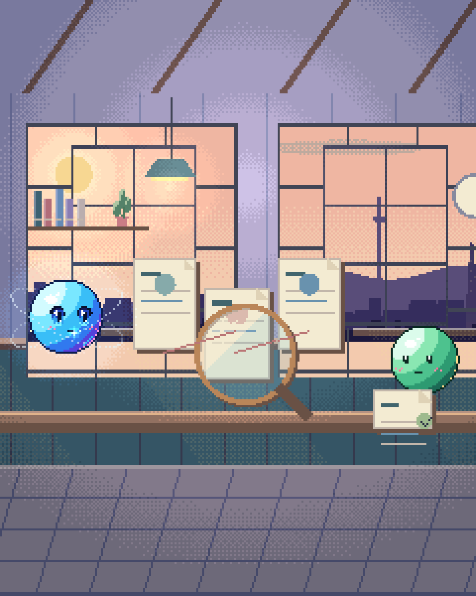 Pixel illustration for Fraud & AML Triage: a magnifying lens over linked evidence cards with one item held for review.