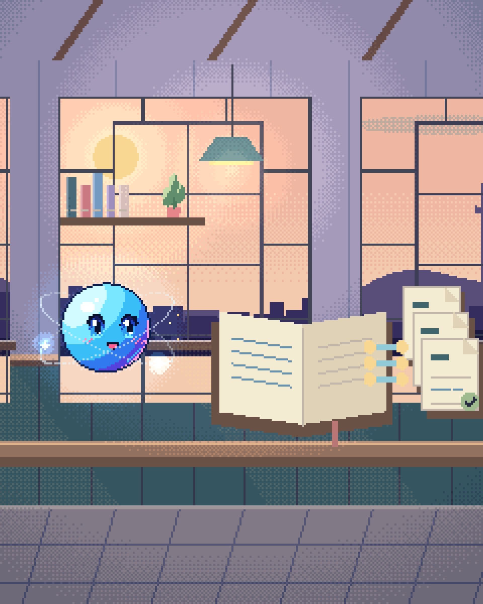 Pixel illustration for Regulatory Reporting: a ledger linked to source slips and checked records.
