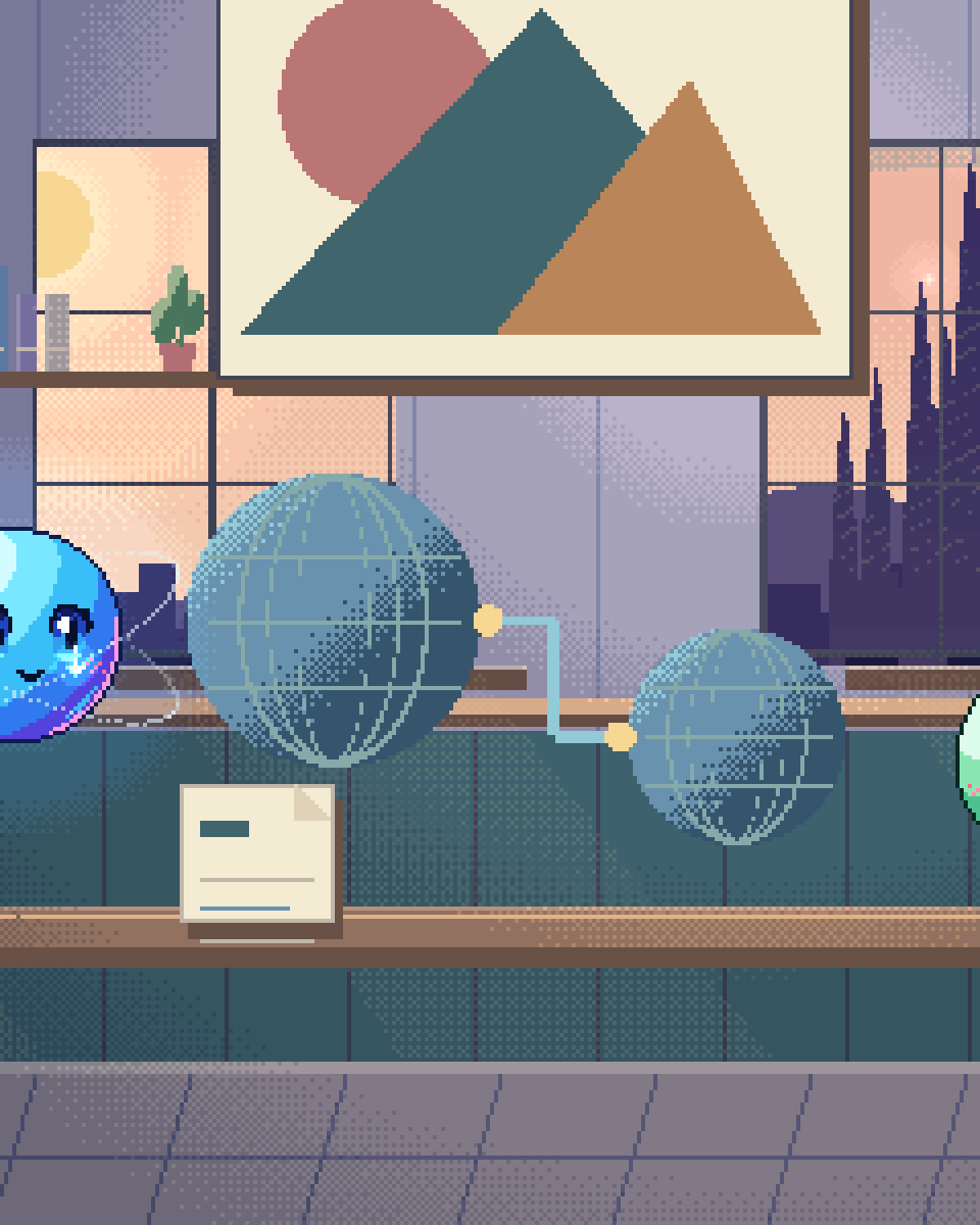 Pixel illustration for Game Localisation: linked globes and differently shaped document cards.