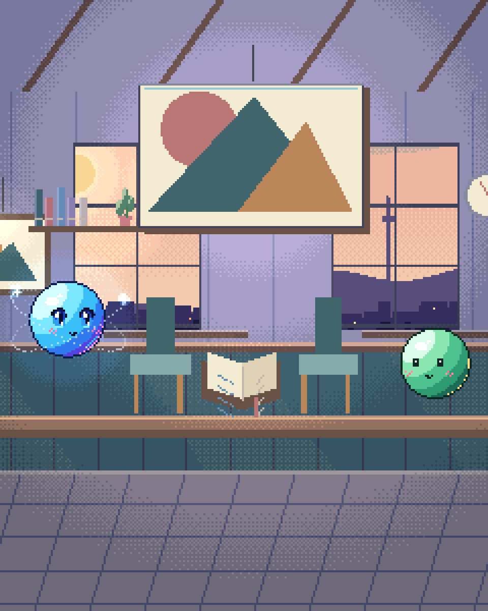 Pixel illustration for NPC & Dialogue Agents: two conversation chairs beside an open notebook and a telephone.