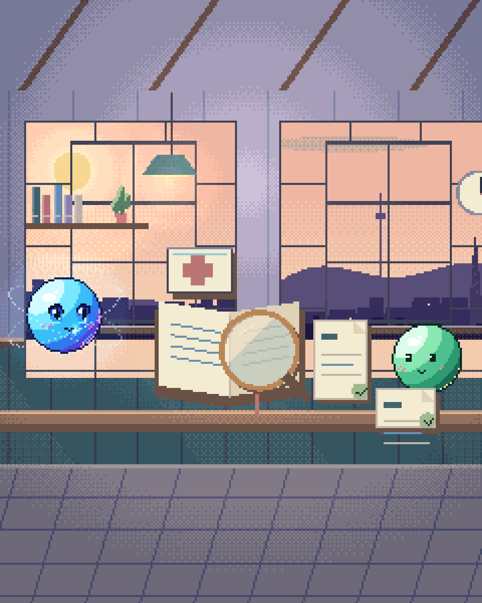 Pixel illustration for Healthcare & Pharma: a clinical document beside a source lens and a human verification card.