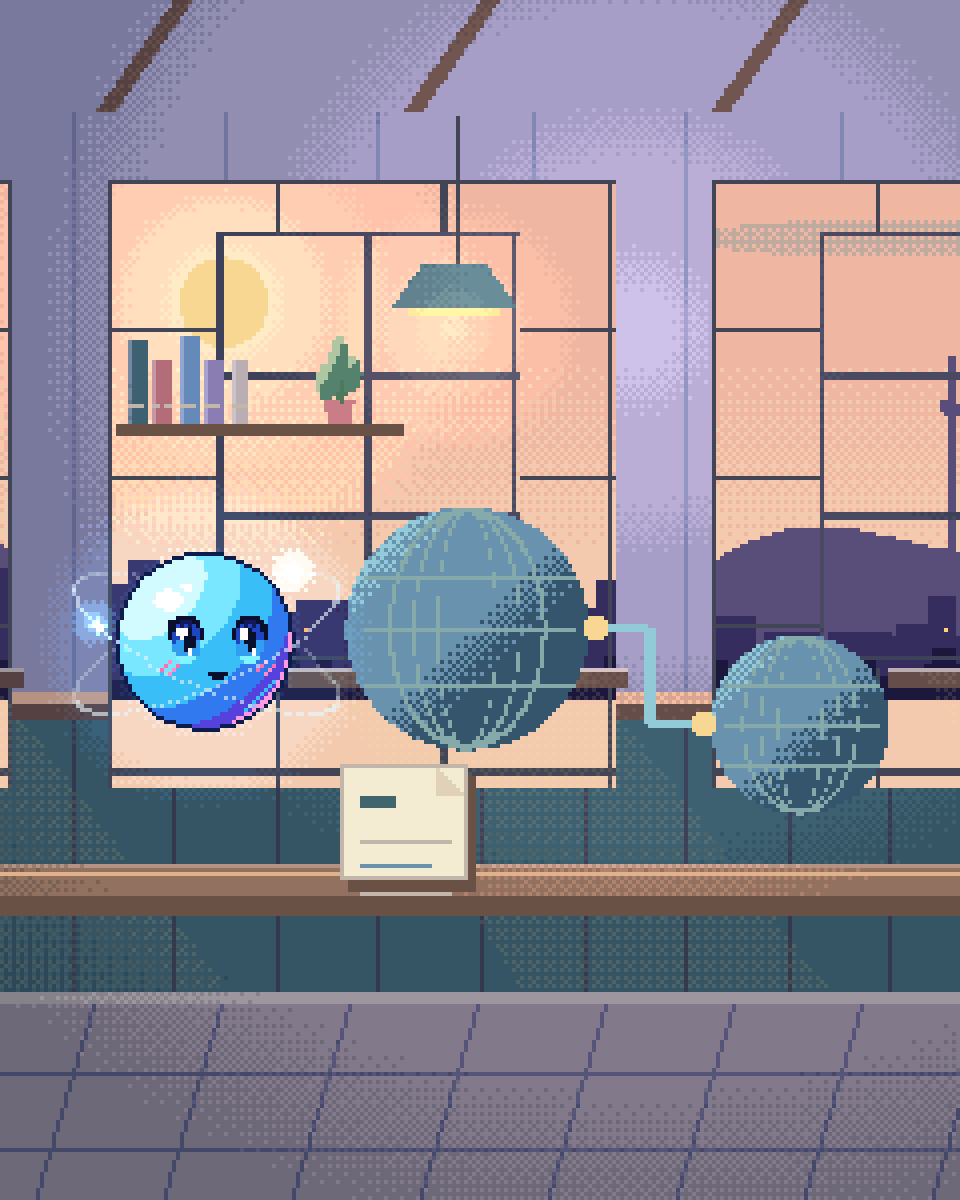 Pixel illustration for Hospitality & Hotels: linked globes and differently shaped document cards.