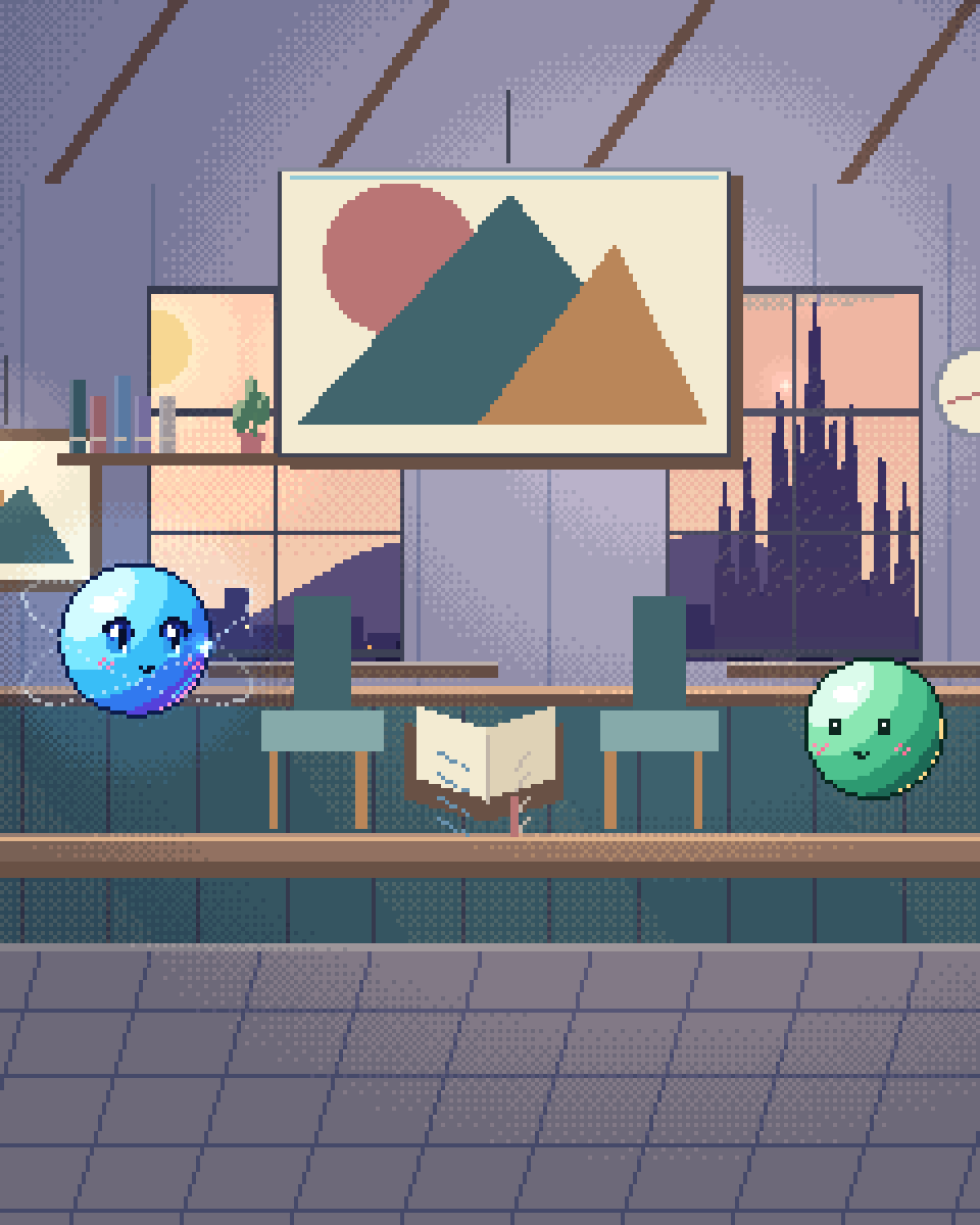 Pixel illustration for Multilingual Guest Messaging: two conversation chairs beside an open notebook and a telephone.