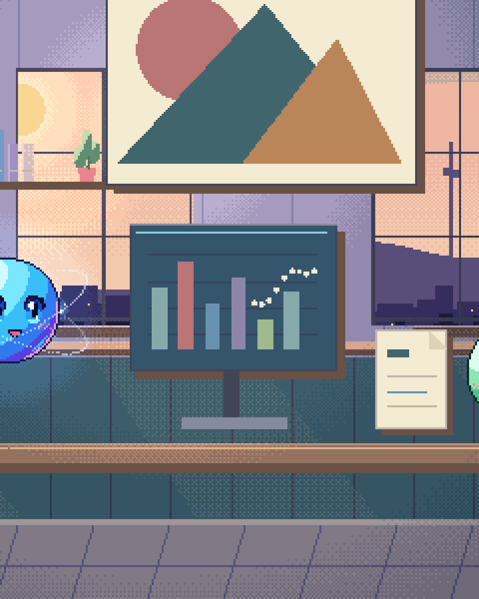 Pixel illustration for Revenue Management: a glass forecasting instrument with a dotted future path.