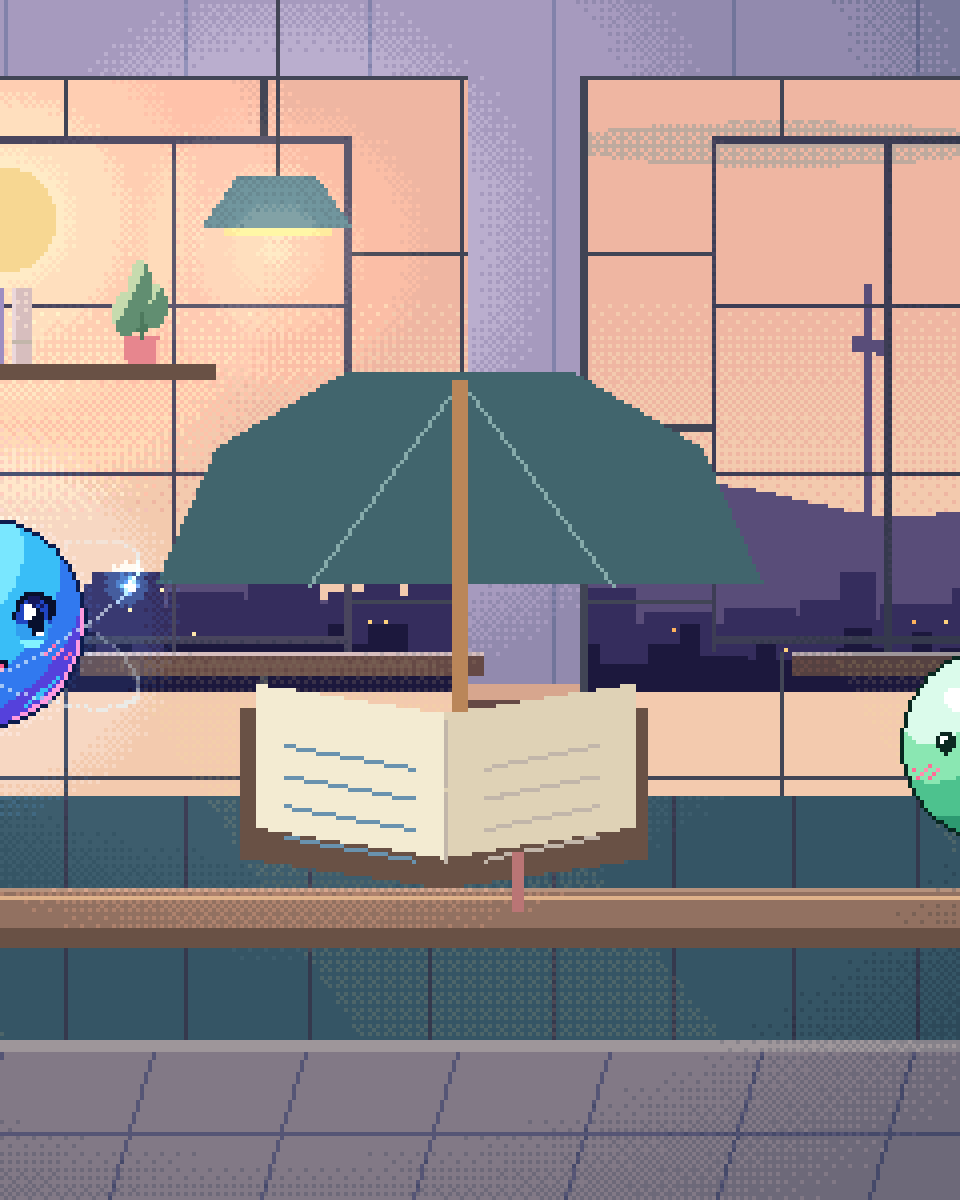 Pixel illustration for Insurance: an umbrella sheltering a policy folder and evidence cards.