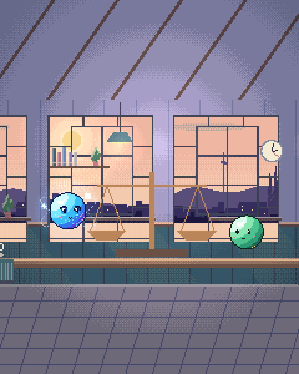 Pixel illustration for IP & Patent Firms: a brass balance beside reference books and evidence cards.