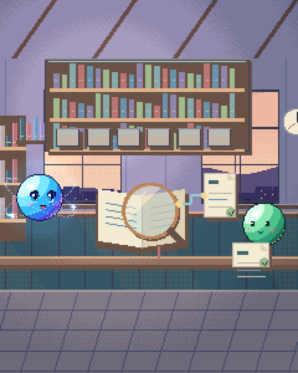 Pixel illustration for Patent Drafting Support: an opened contract with a review lens and marked passages.