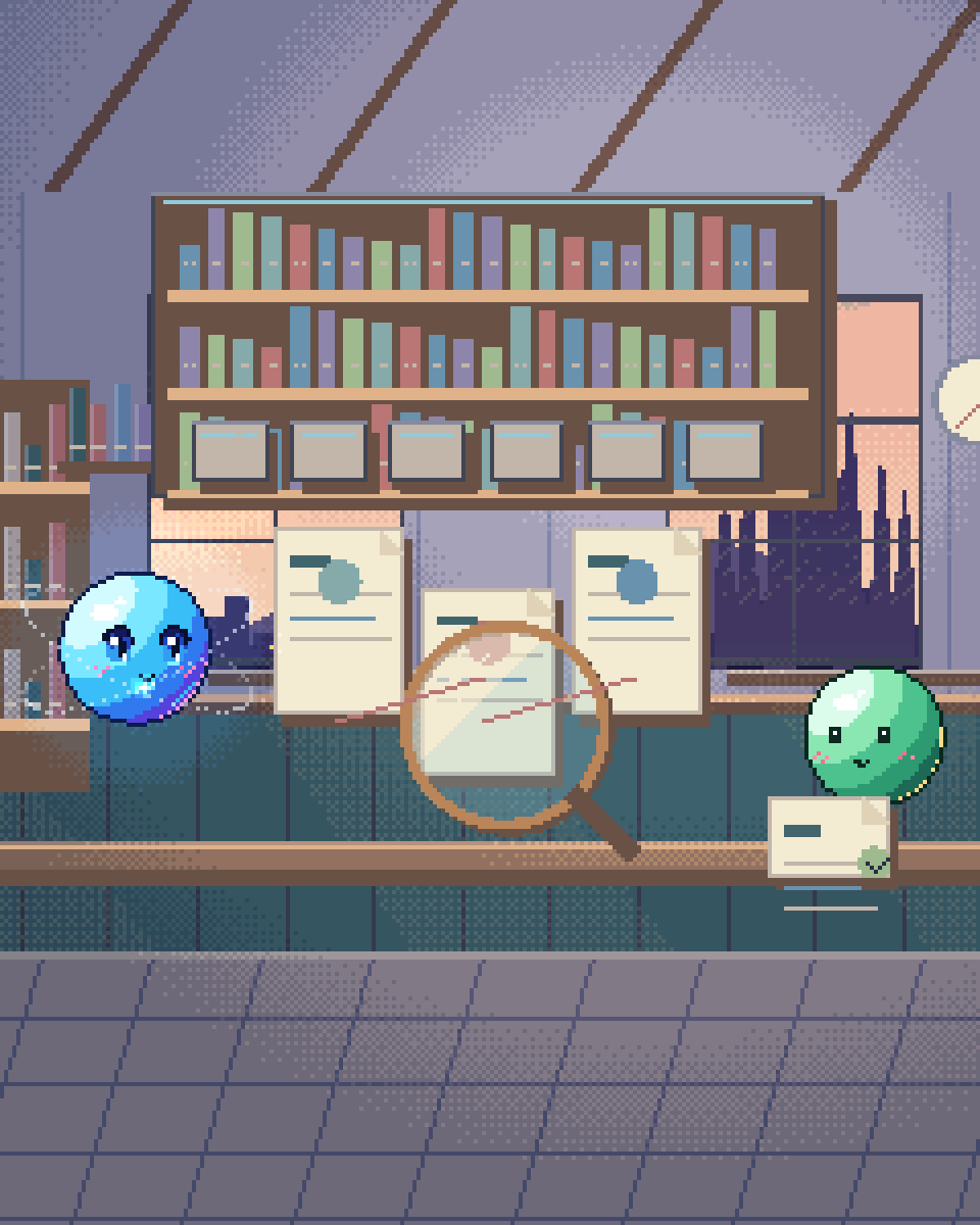 Pixel illustration for Prior-Art Search: a magnifying lens over linked evidence cards with one item held for review.