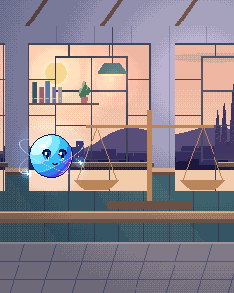 Pixel illustration for Legal & Compliance: a brass balance beside reference books and evidence cards.