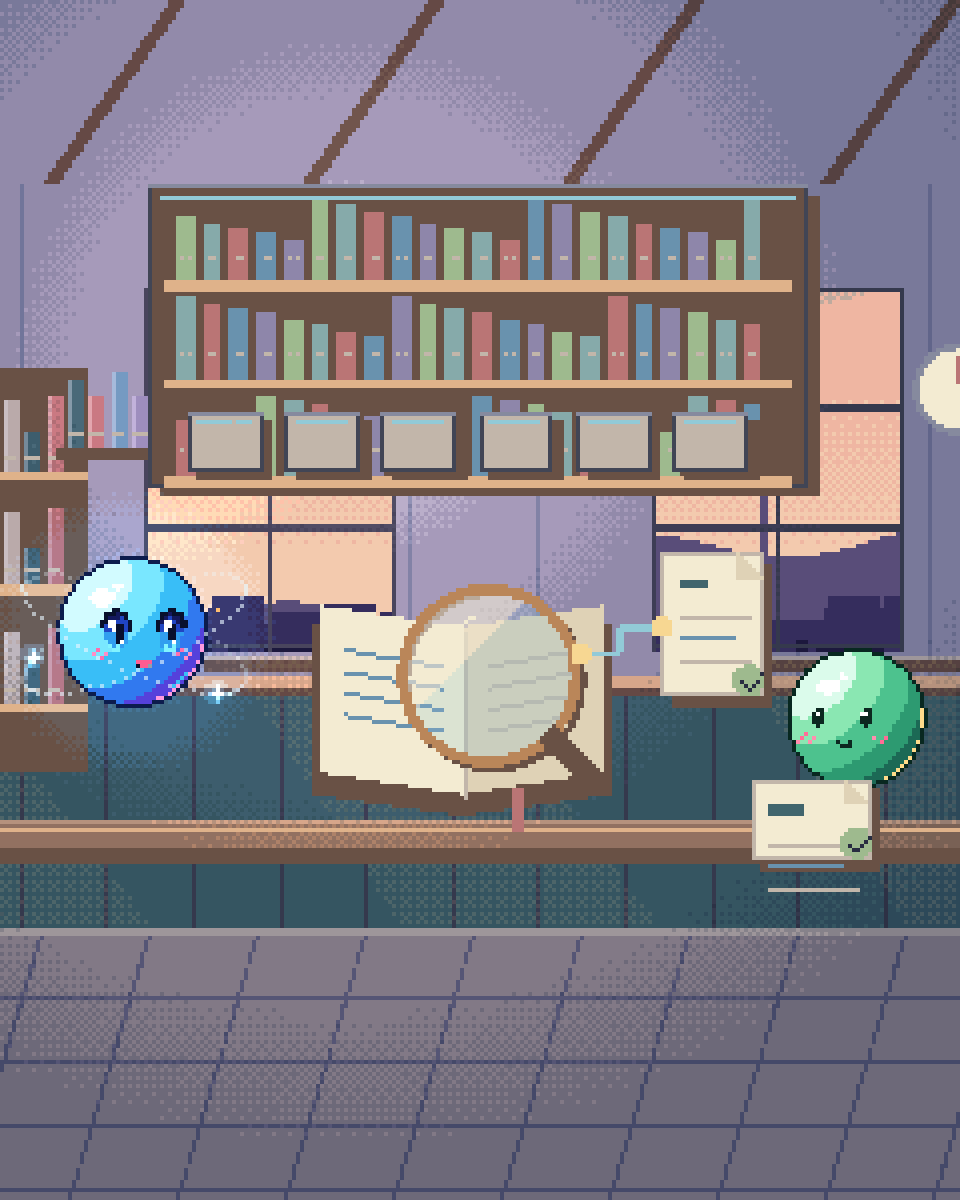 Pixel illustration for Contract Review: an opened contract with a review lens and marked passages.