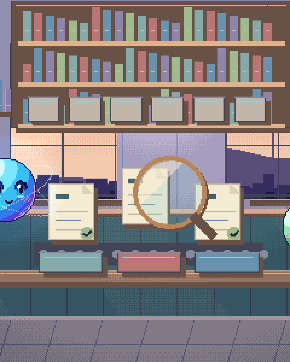 Pixel illustration for eDiscovery: an archive drawer of evidence cards with source links.