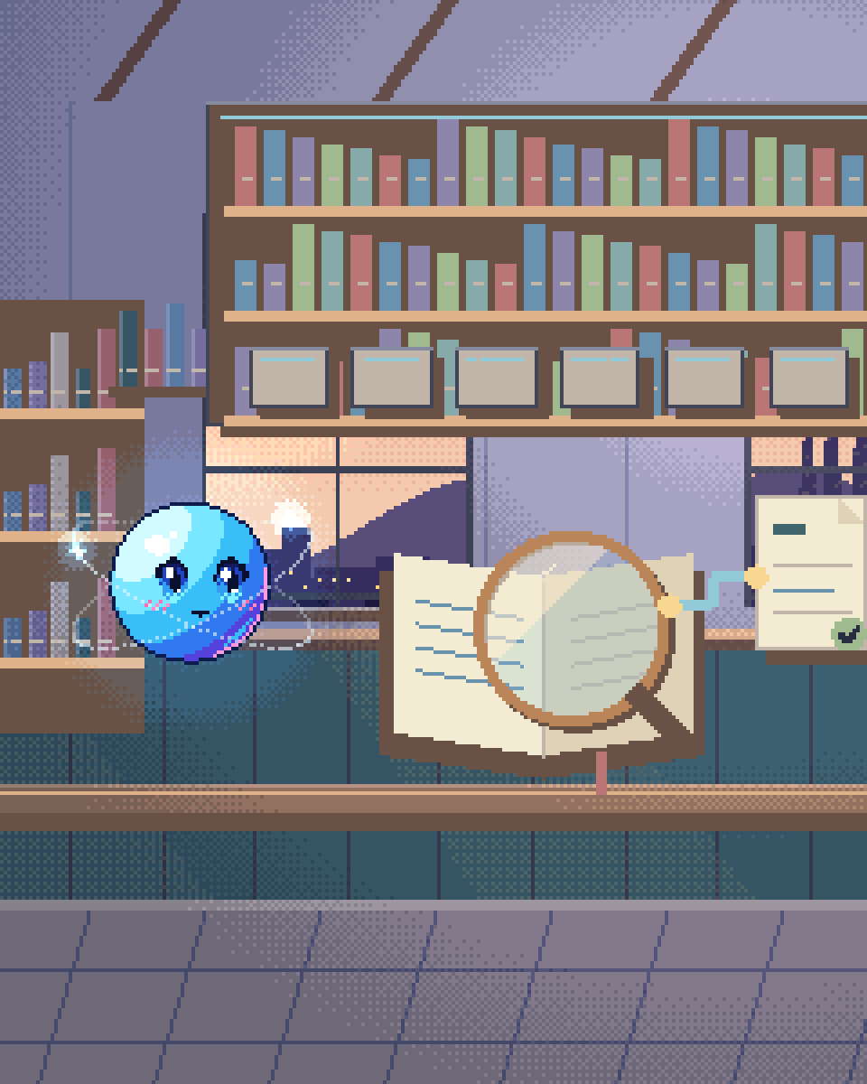 Pixel illustration for Legal Research: an open source book connected to a magnifying lens and an answer card.