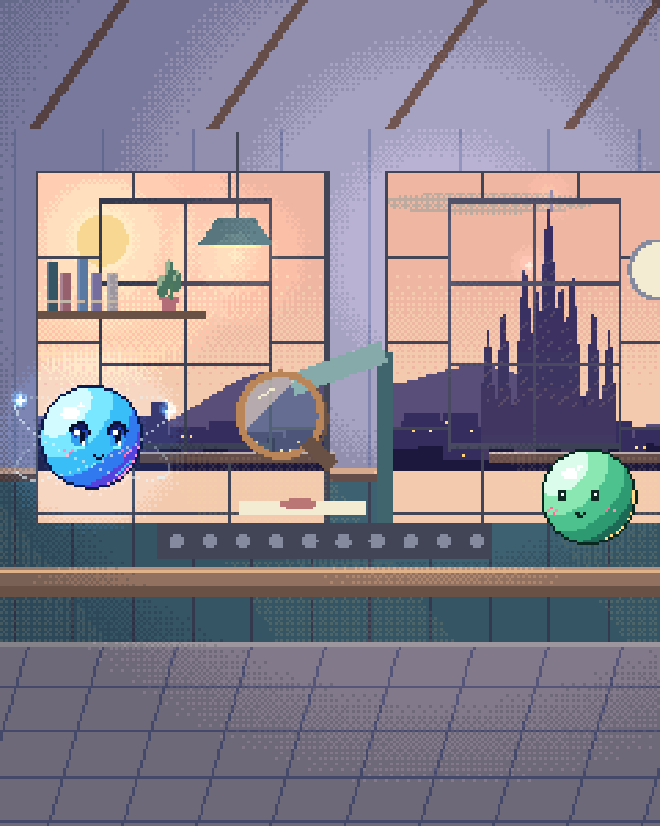 Pixel illustration for Life Sciences & Biotech: a microscope inspecting a slide beside research documents.