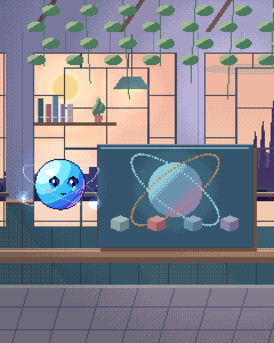Pixel illustration for Protein & Molecular Design Pipelines: a spatial lattice linking glass nodes and a quantum sphere.